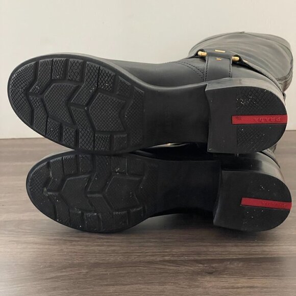 Prada Black Leather Tall Pull On Riding Moto Boot 2000's New Dead Stock 38.5/8.5 - Picture 8 of 11